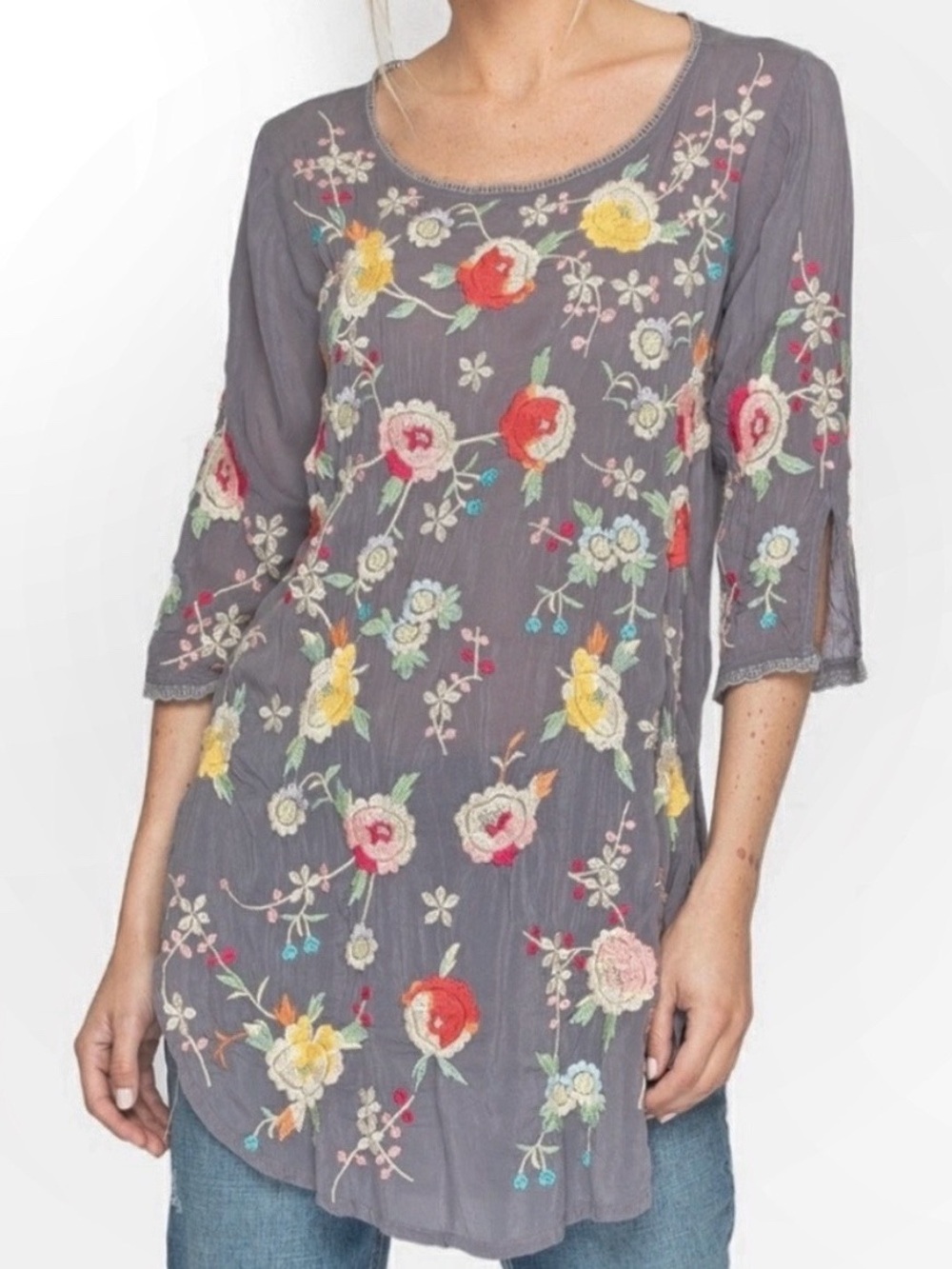 Johnny Was Playa Embroidered Tunic Top Dress Beach Coverup Rayon Florals